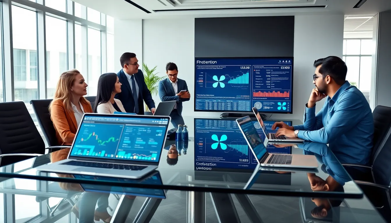 diverse team discussing Ripple cryptocurrency in a modern office.