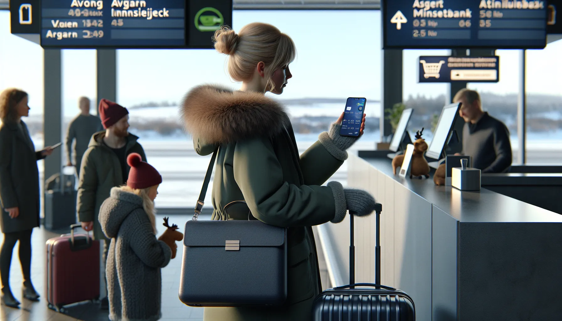 Traveler checks bank app showing active credit card travel insurance at airport.