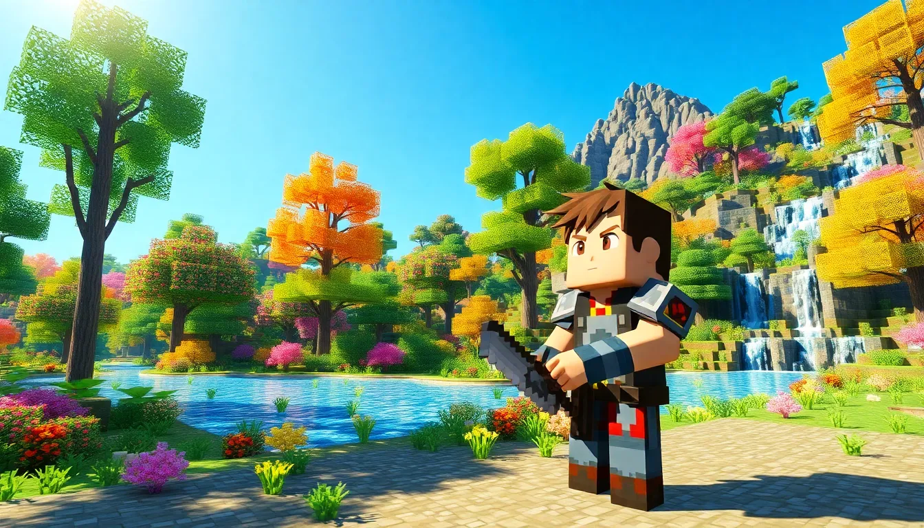A player exploring new vibrant biomes in a Minecraft landscape.