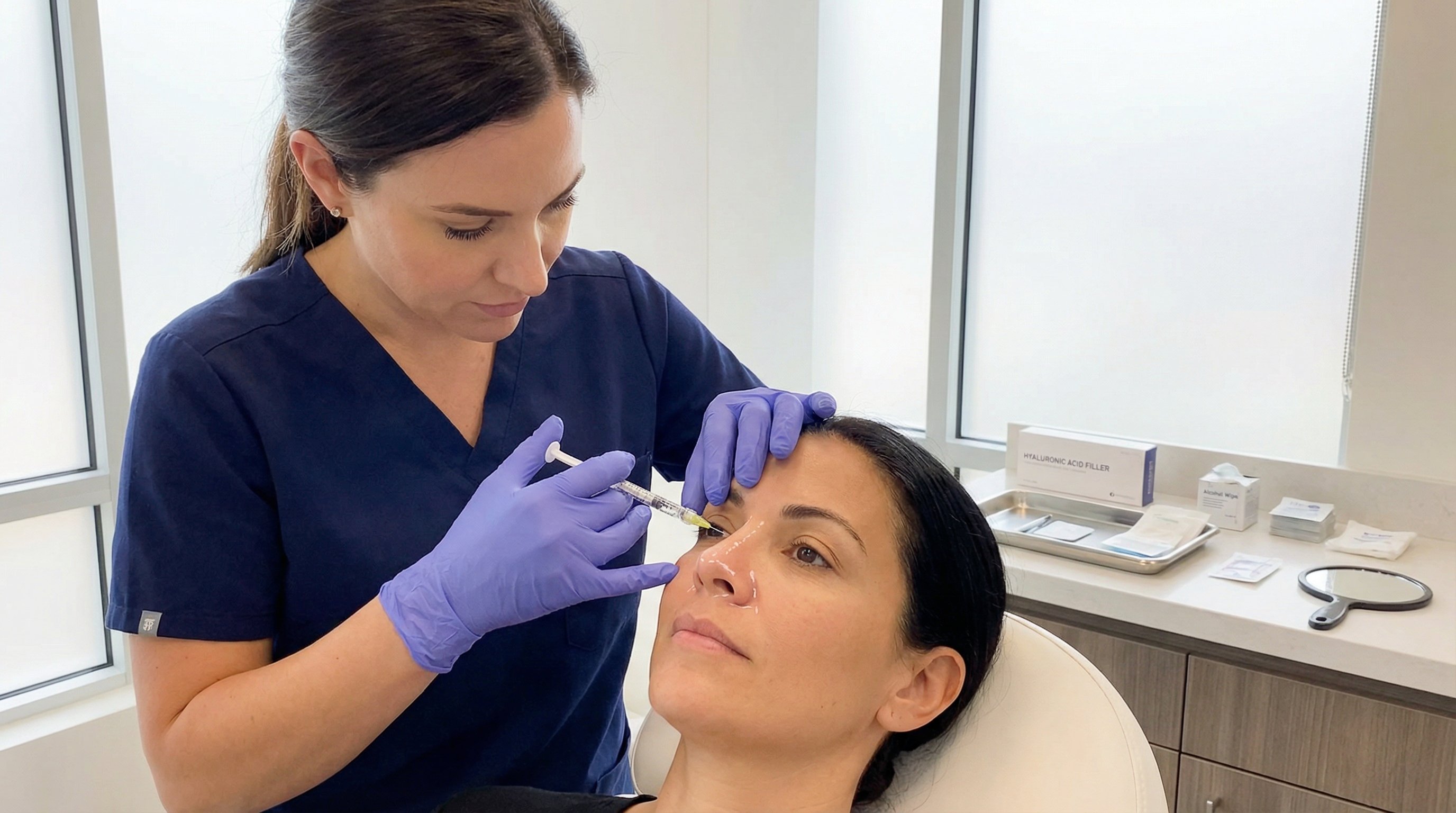clinician performing a non-surgical nose filler treatment on a woman