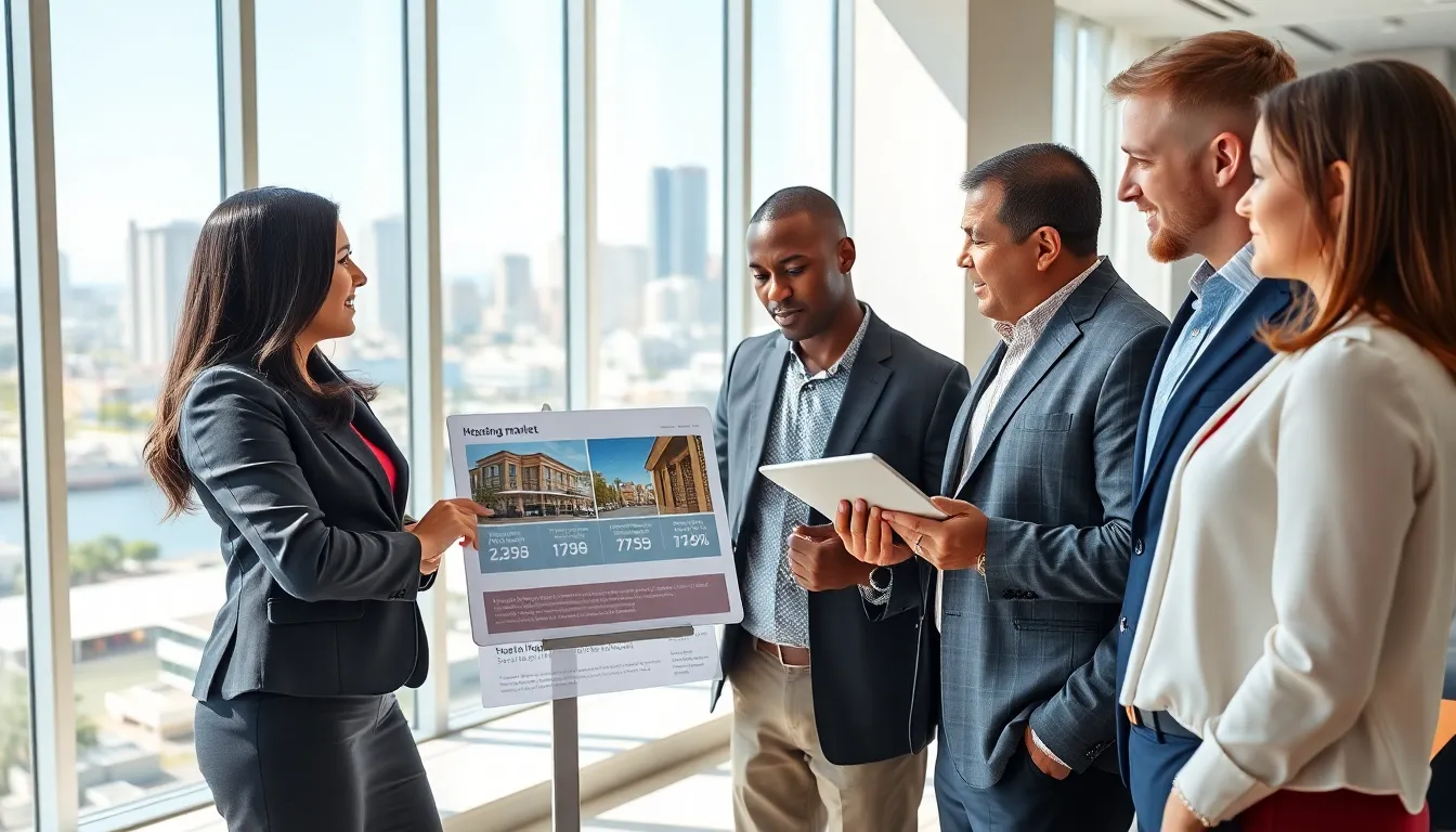 diverse real estate team reviewing San Diego market trends in a modern office.