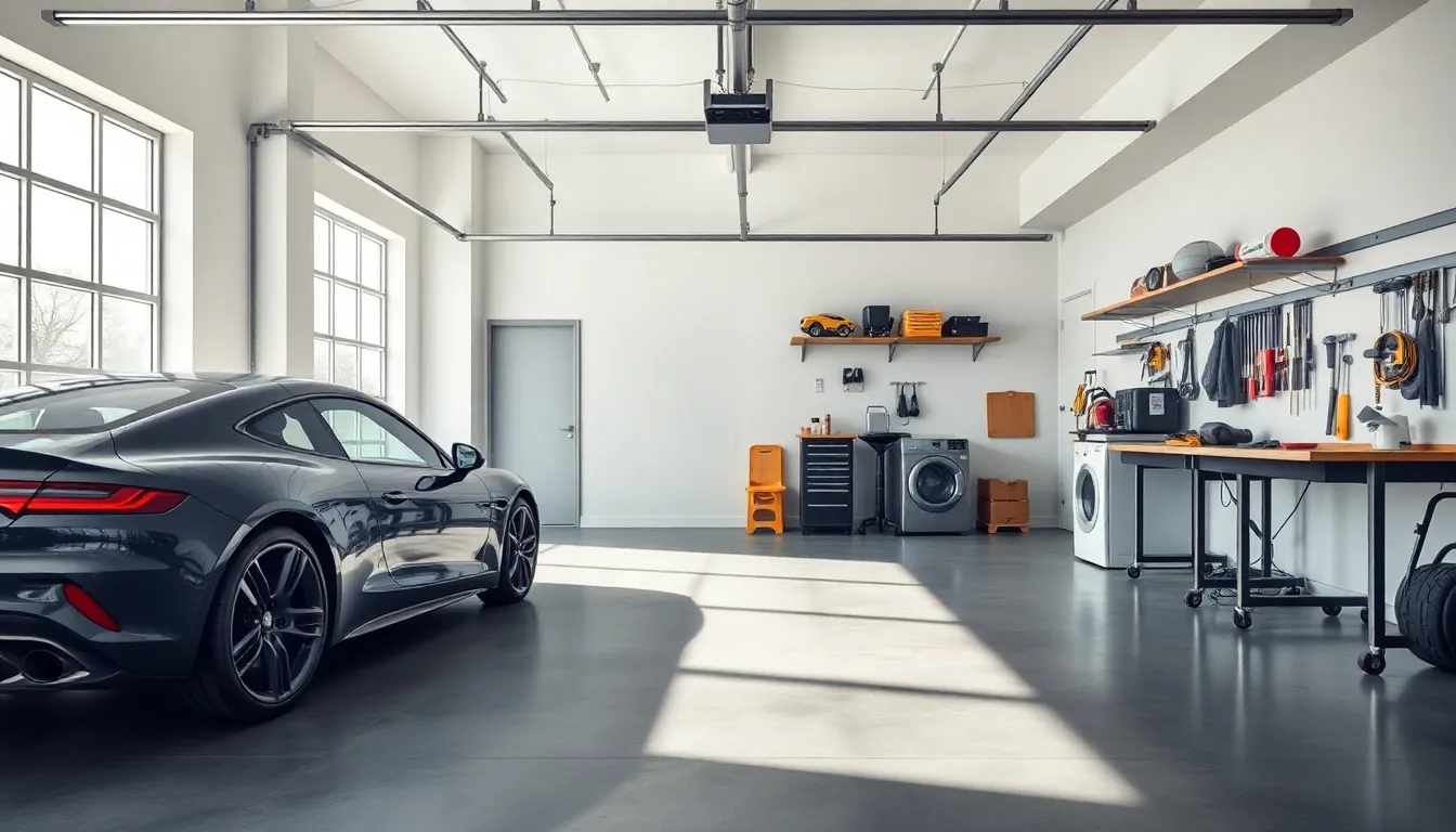 modern garage interior design with vehicle and workshop space.