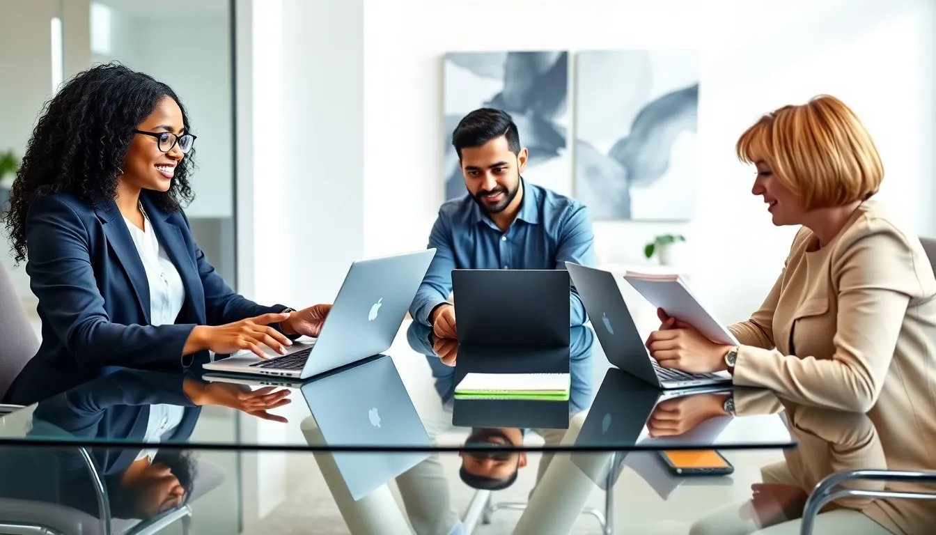 diverse professionals discussing laptop specifications in a modern office.
