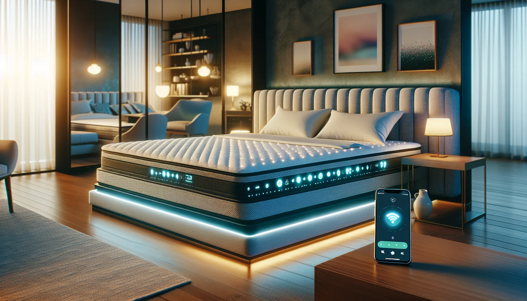 a modern bedroom featuring advanced sleep technology and calming decor.