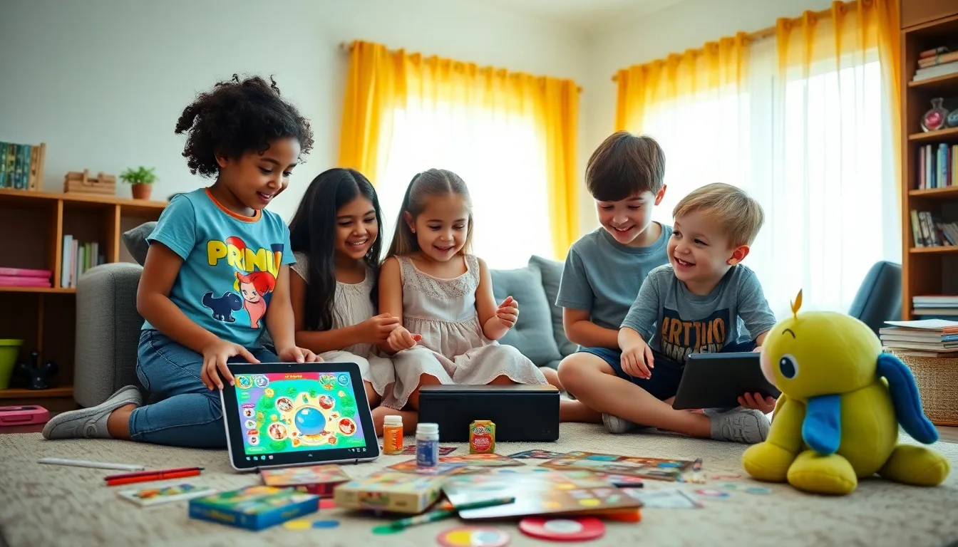 children playing Imagineer Games in a colorful living room.