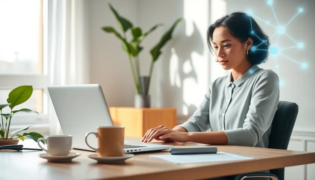 individual working in a modern home office with laptop and coffee.