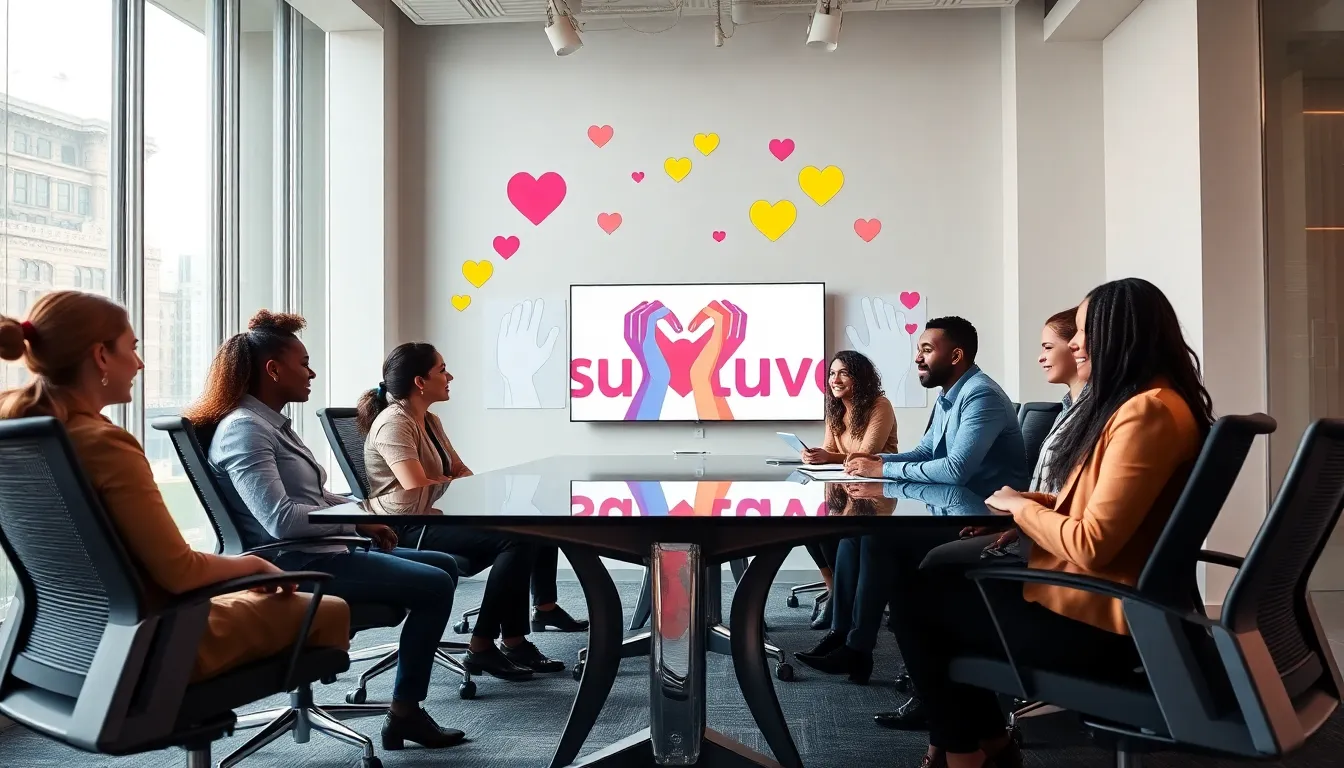 diverse professionals discussing the concept of sultlluv in a modern office.