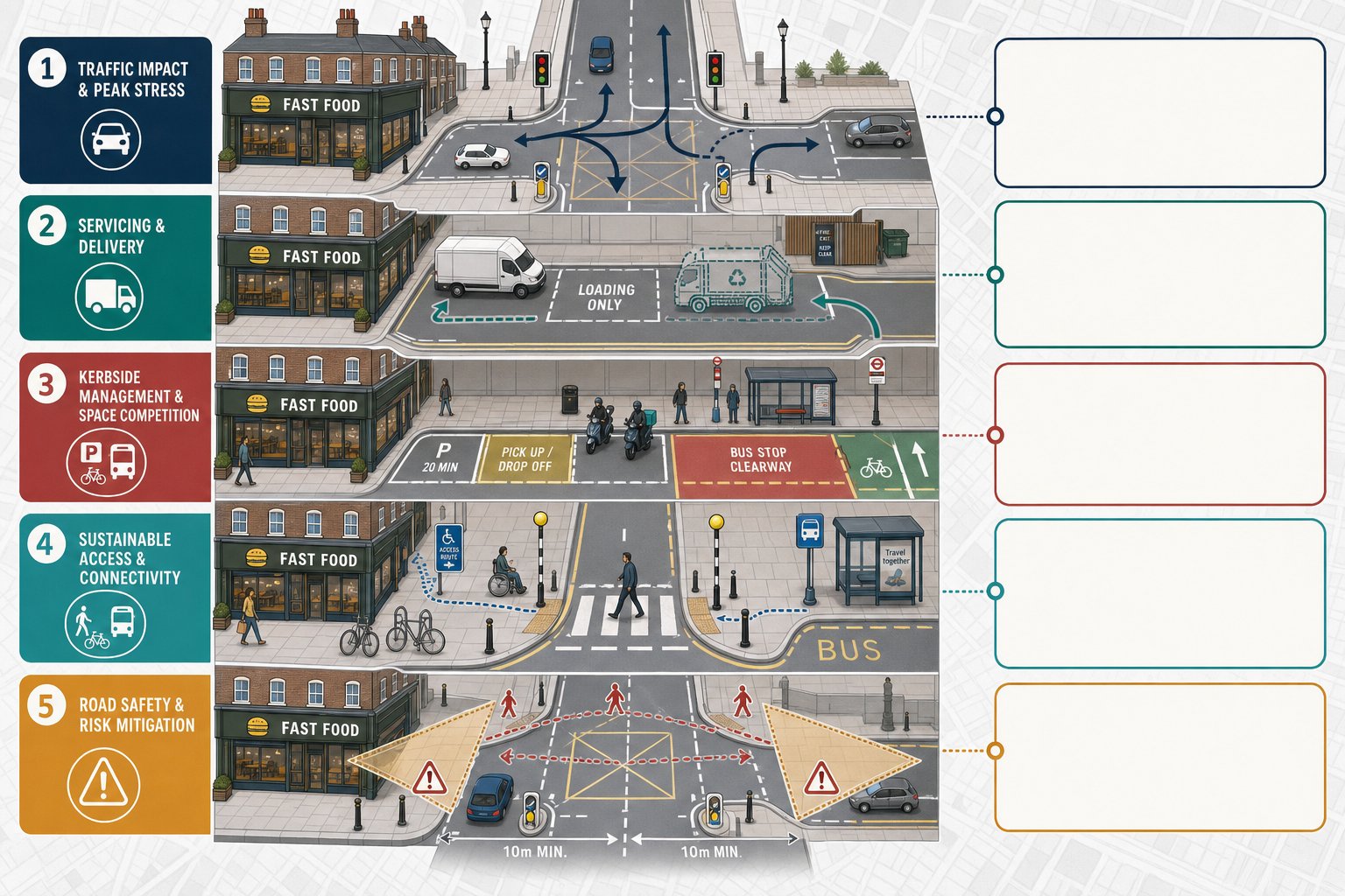 Infographic of key highway issues for a UK high street fast food site.