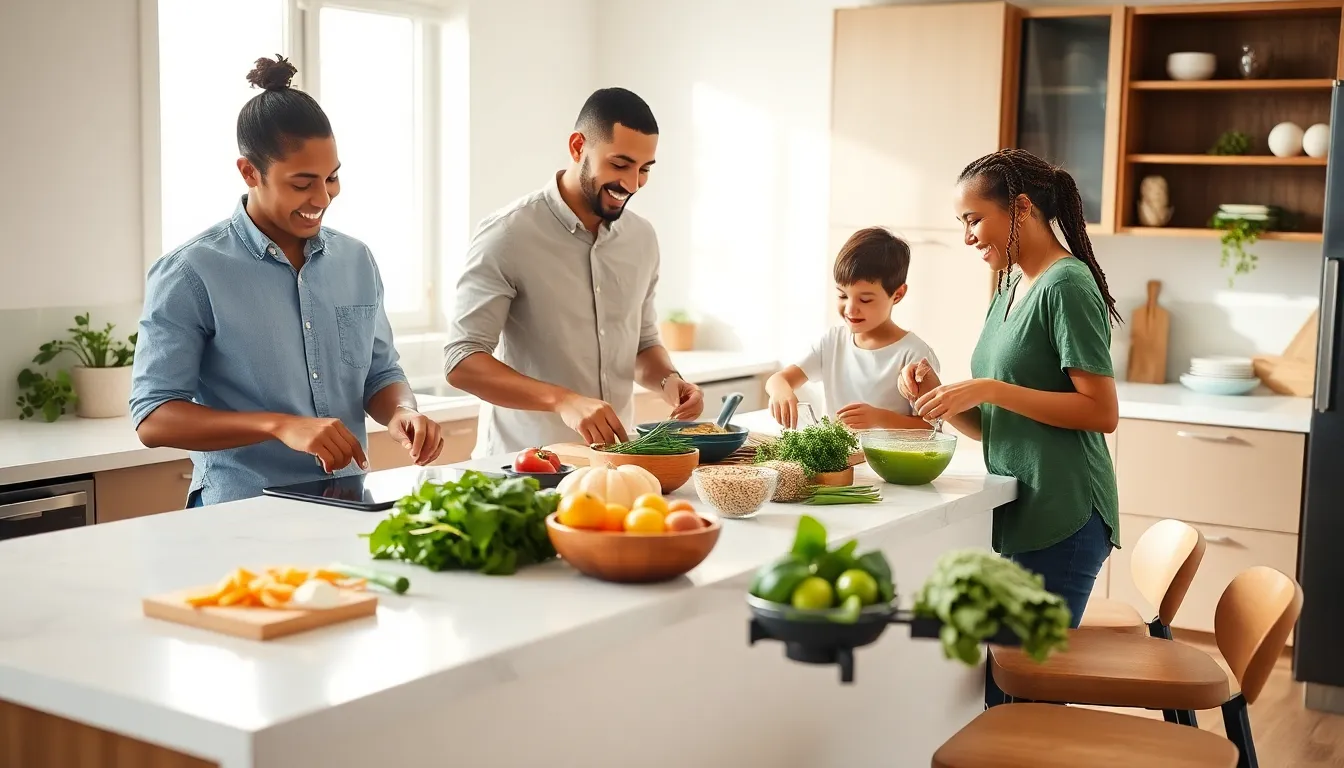 family preparing budget-friendly meals in a modern kitchen.