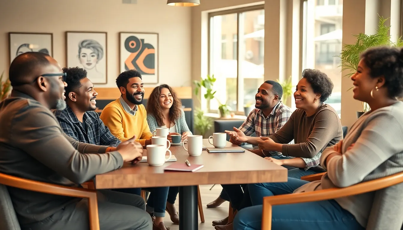 diverse group enjoying authentic conversations in a cozy café.