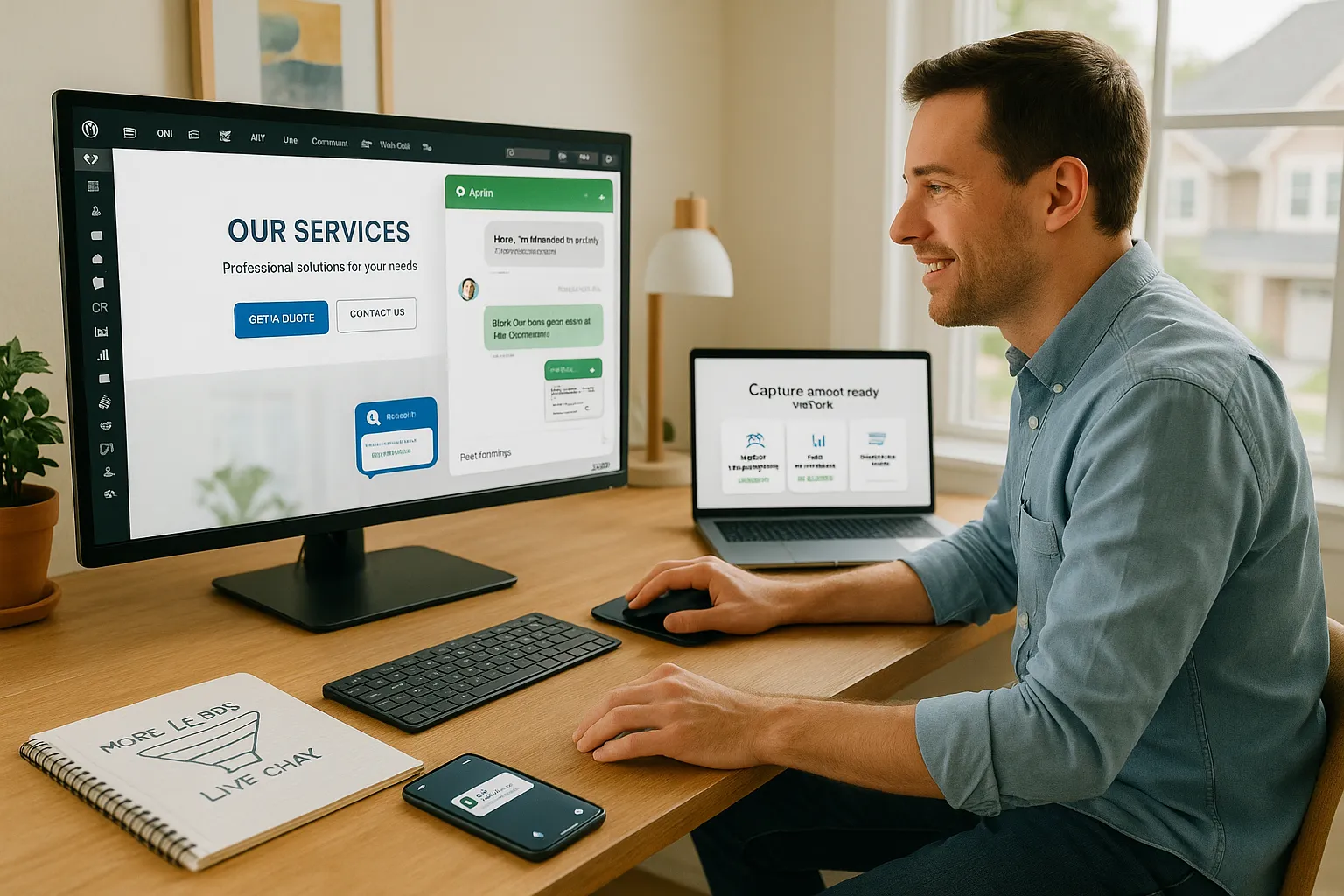 Small business owner viewing a WordPress site with an active live chat widget.