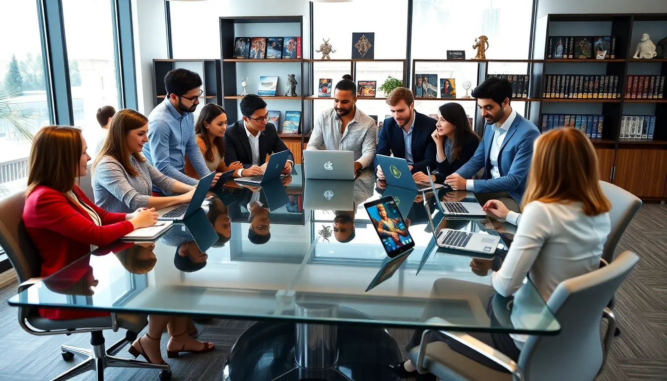 Diverse team collaborating in a modern office on gaming projects.