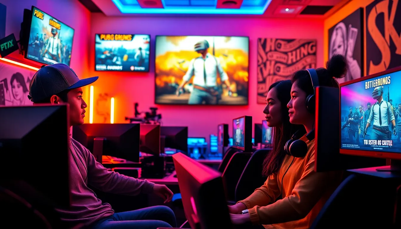 diverse gamers focused on playing PUBG in a modern gaming lounge.