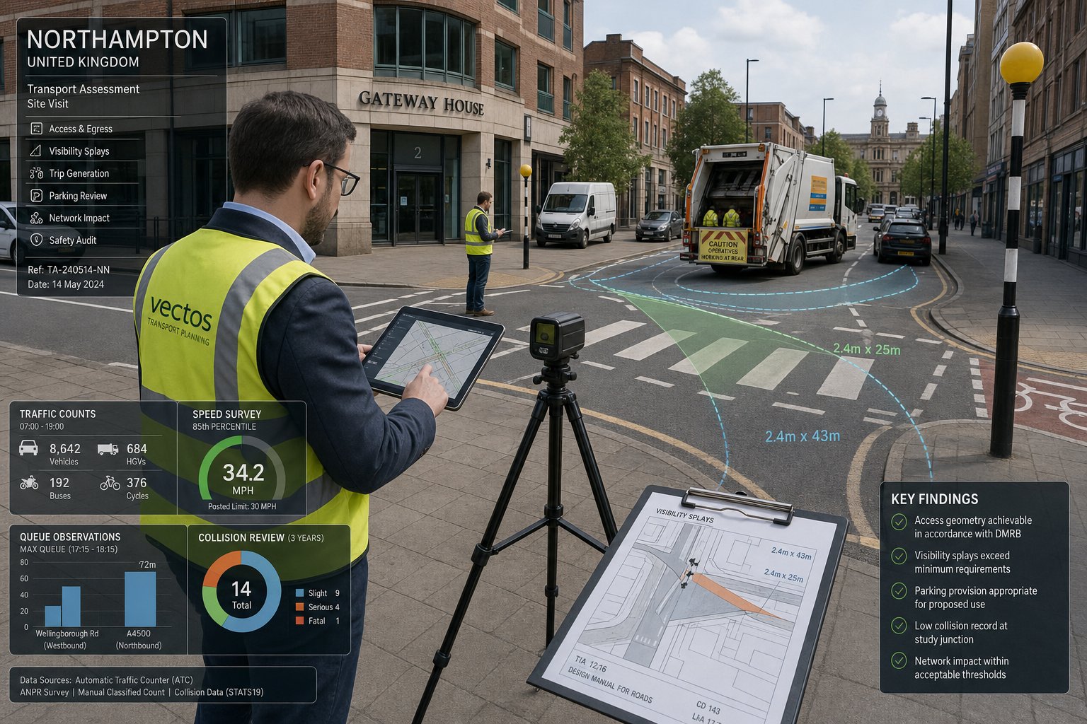 Traffic engineer assessing road access and safety at a Northampton street junction.