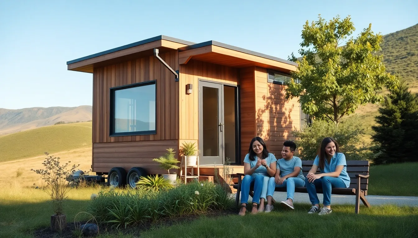 modern tiny home with diverse family in a scenic outdoor setting.
