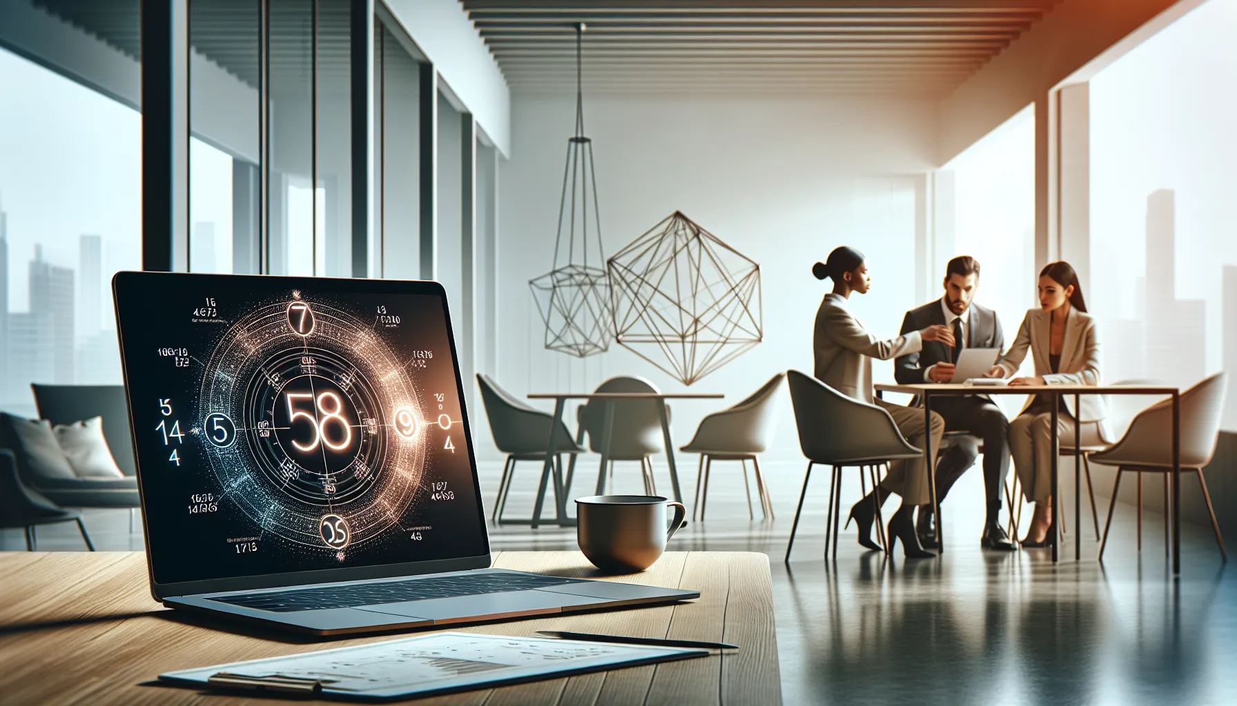 modern workspace with professionals analyzing numerological data.