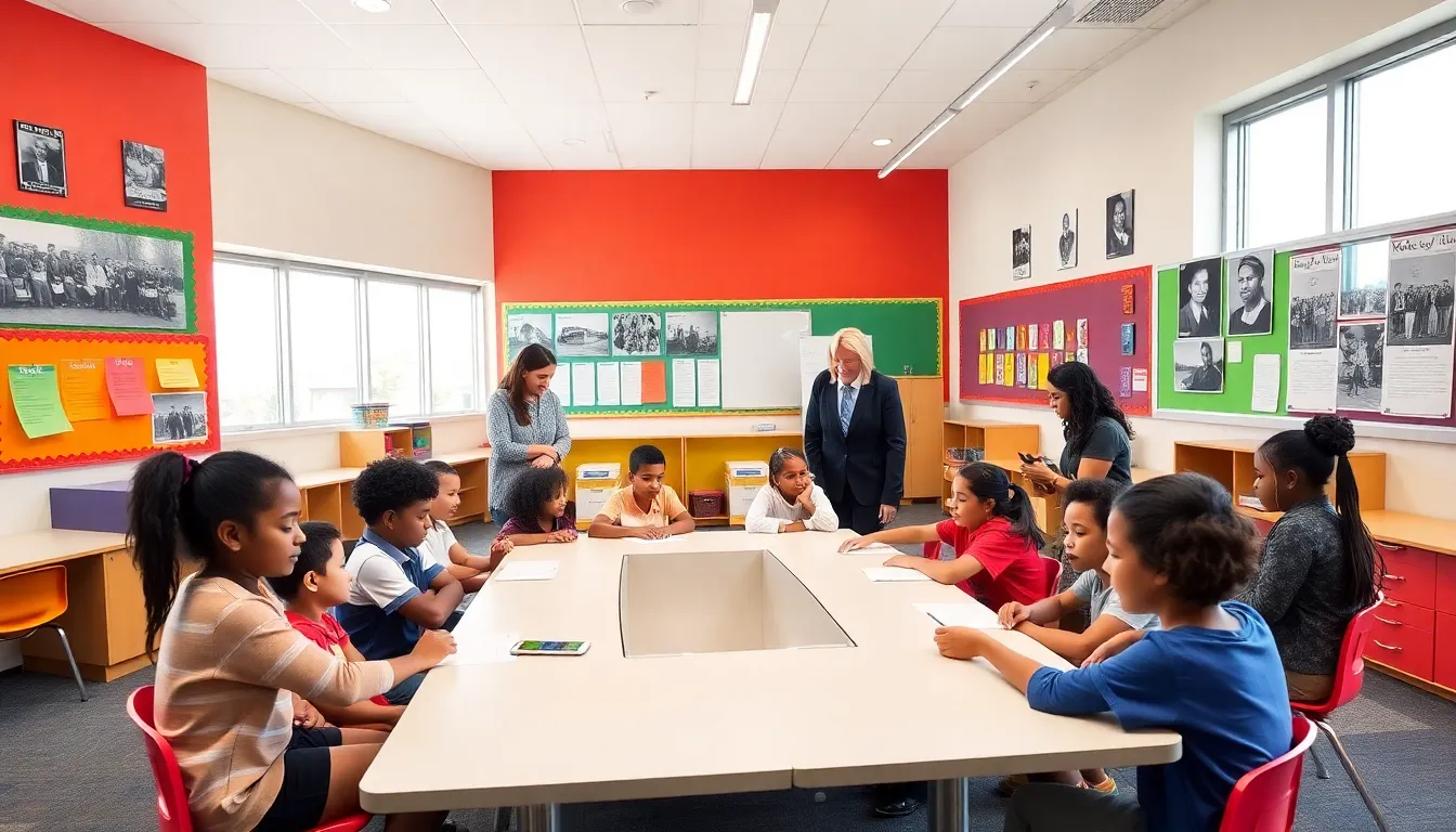 diverse students collaborating in a bright classroom at Dickinson Elementary School.