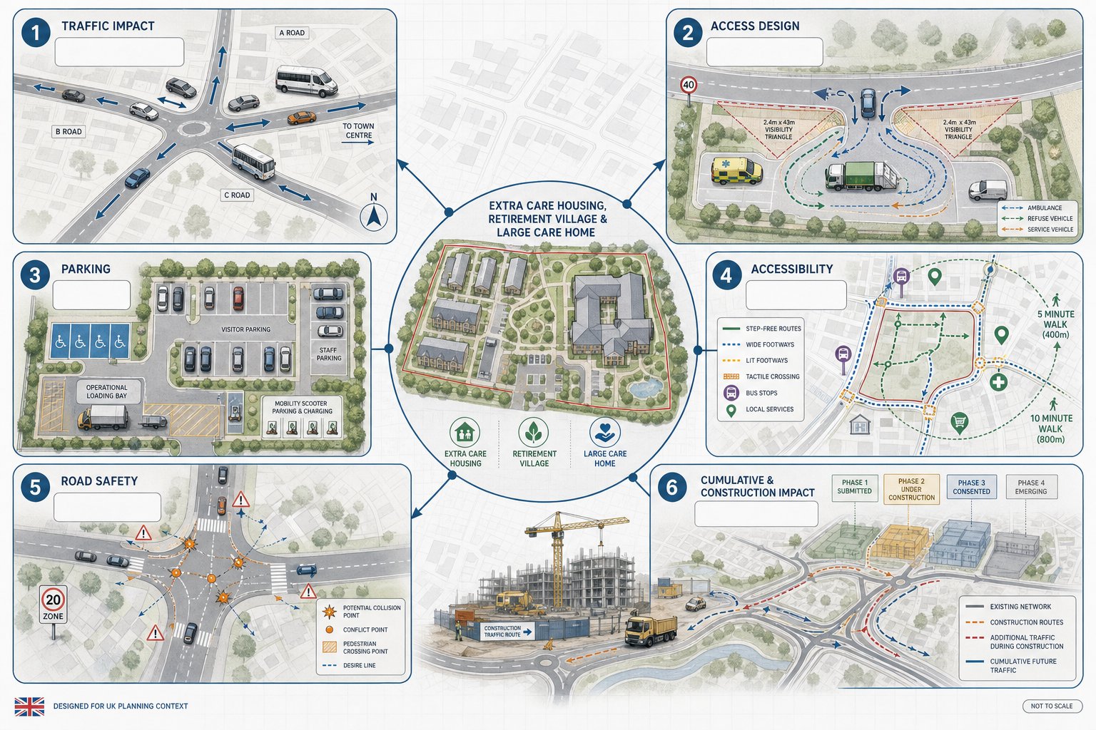 Infographic of key transport issues for later living developments in the UK.