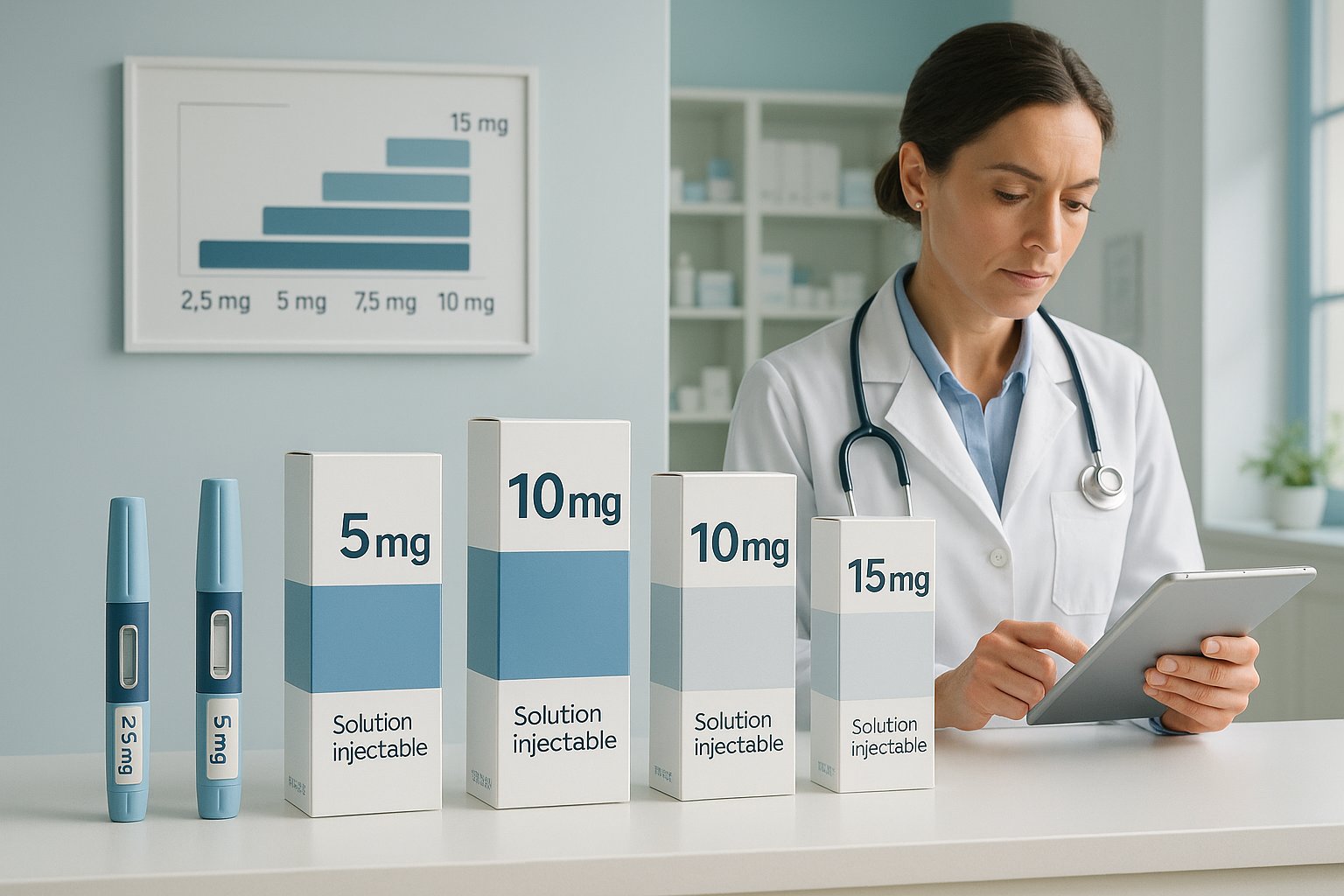 Mounjaro dosage options displayed in a clean French pharmacy setting.