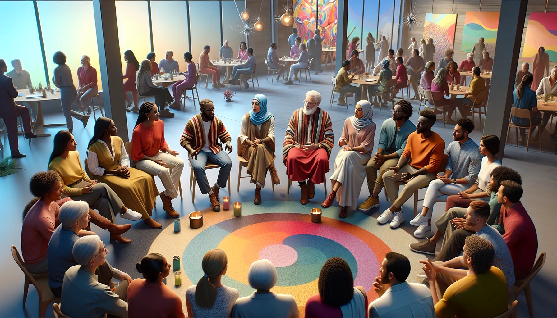 diverse group celebrating unity in a bright modern space.