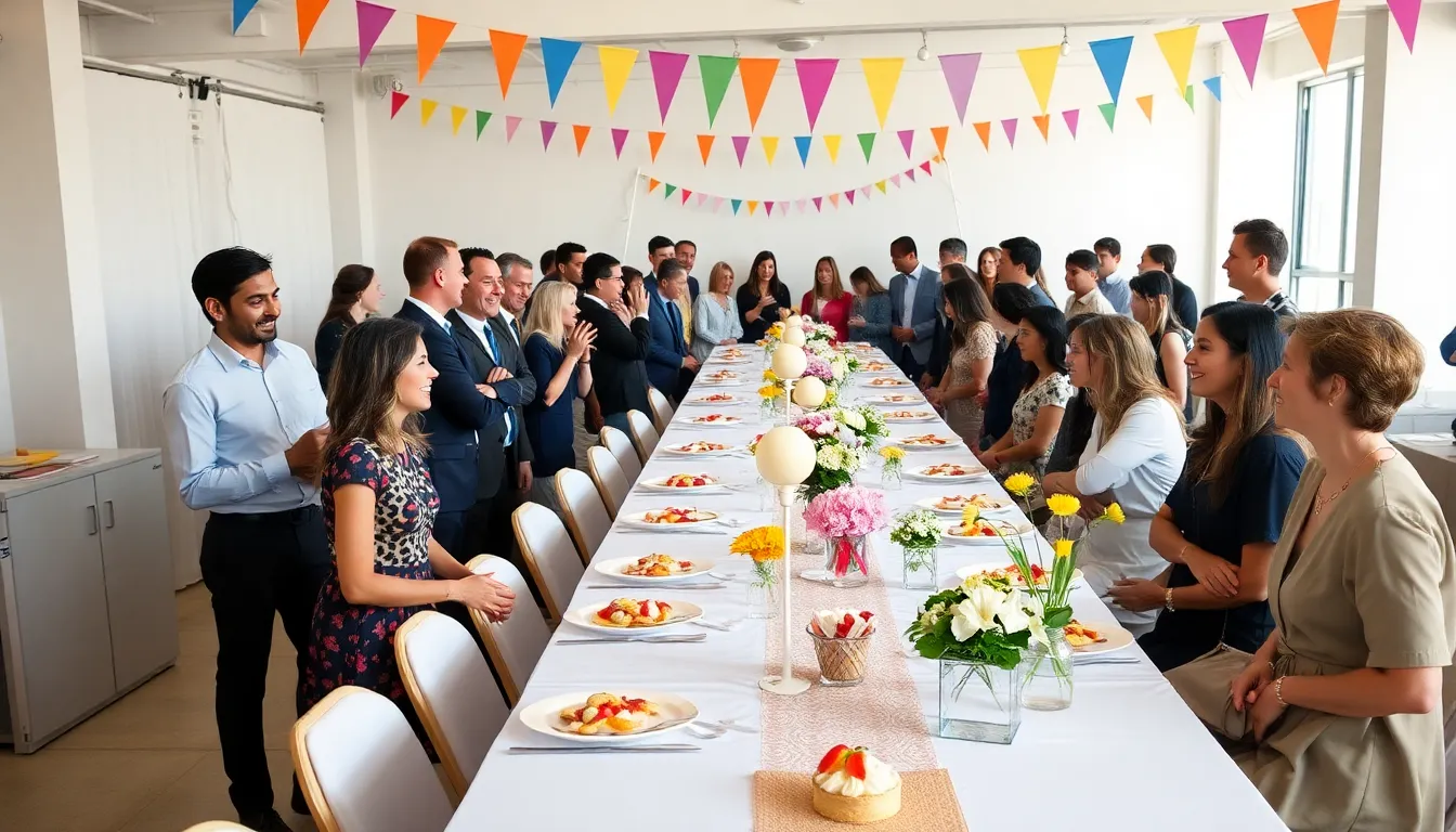 Diverse group celebrating around a beautifully decorated thrifty event table.
