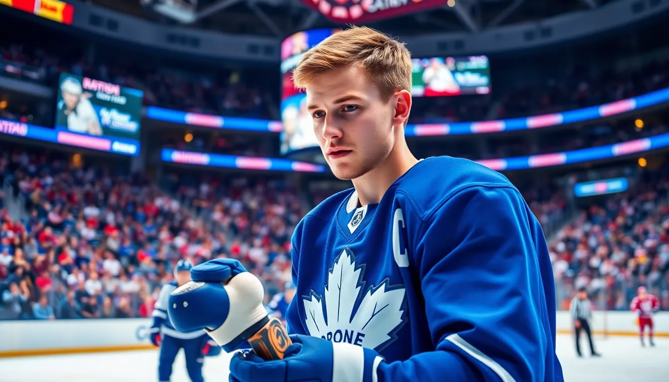 a young ice hockey player in action during a game in an arena.