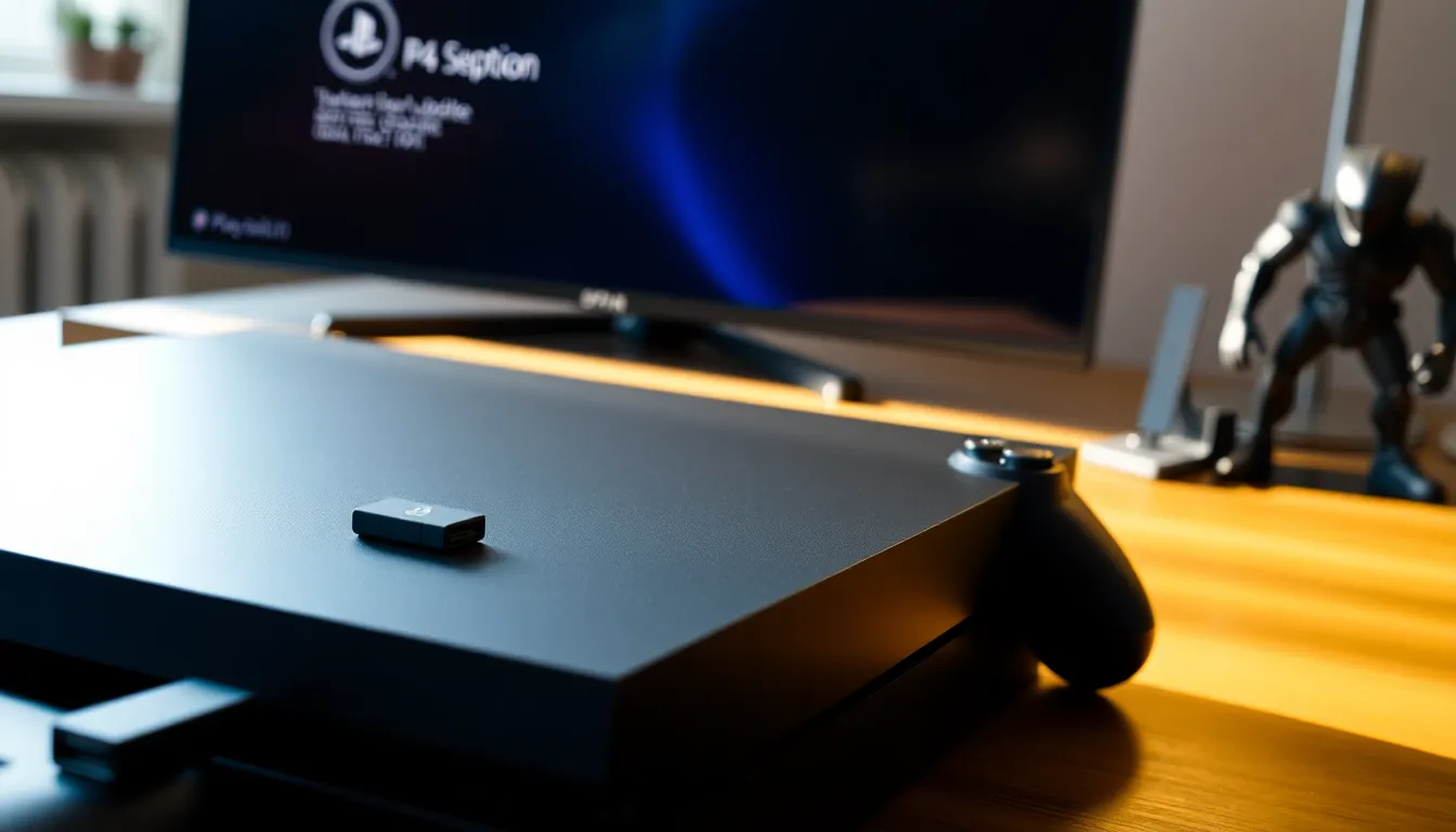 A PS4 console with a USB flash drive for system updates on a desk.
