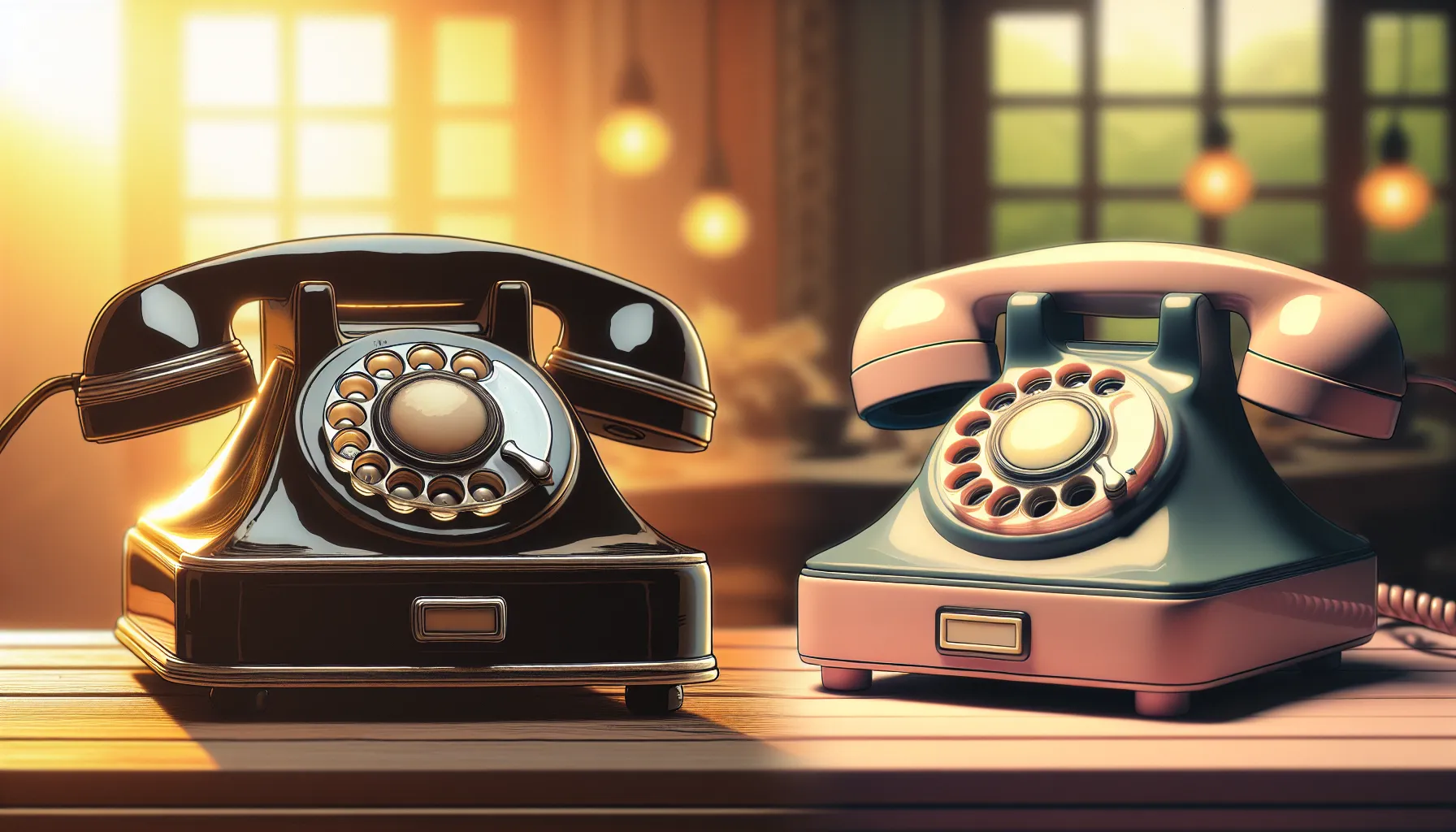 Contrasting vintage and retro telephones on a wooden tabletop.