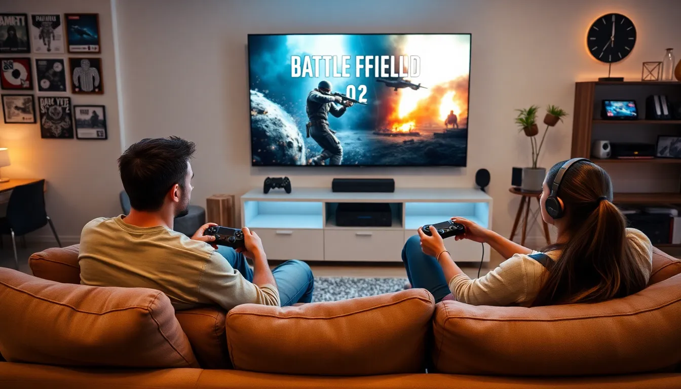 two gamers enjoying split screen action in a cozy living room.