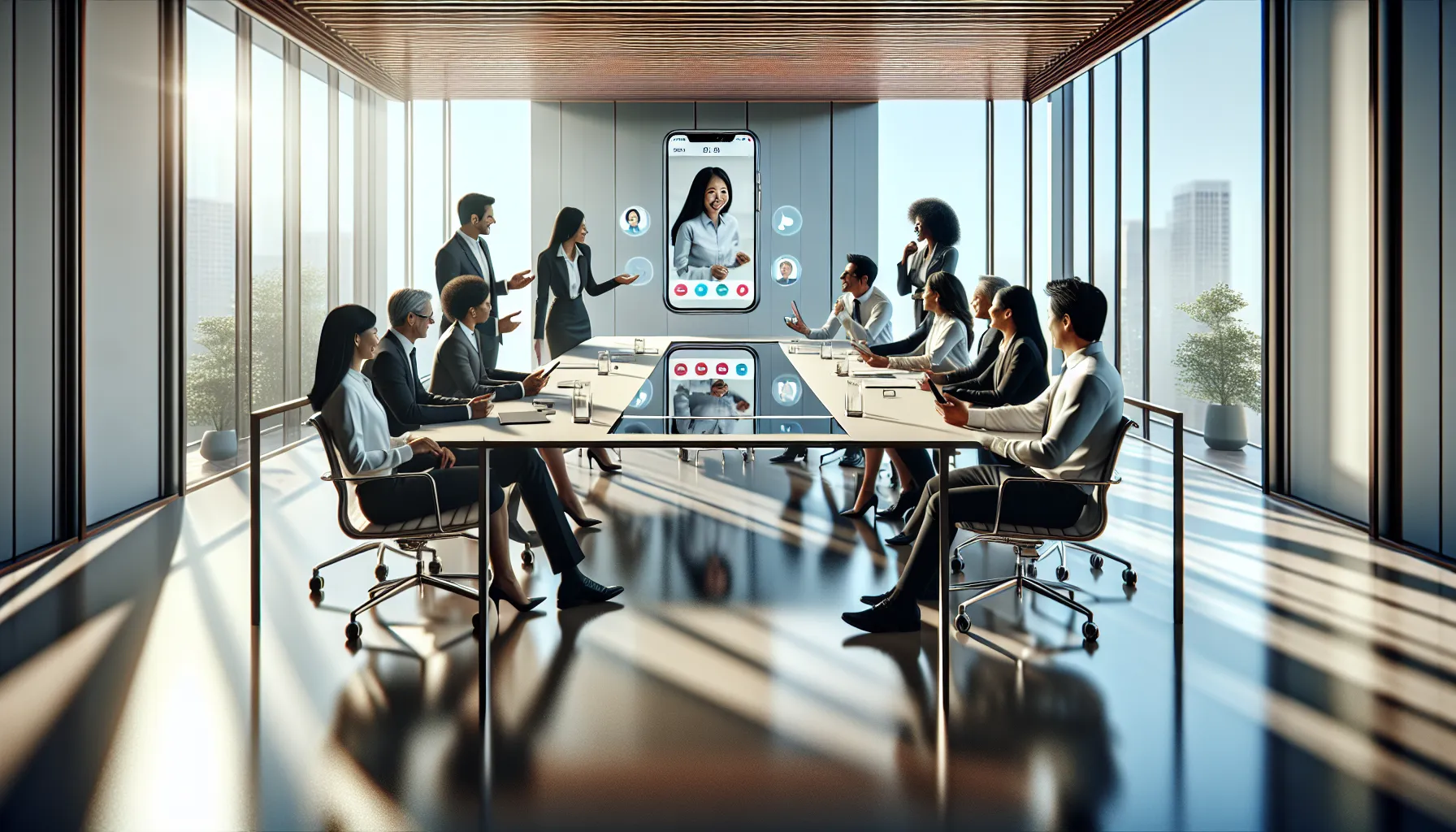 diverse team discussing CM Chat Media in a modern office.
