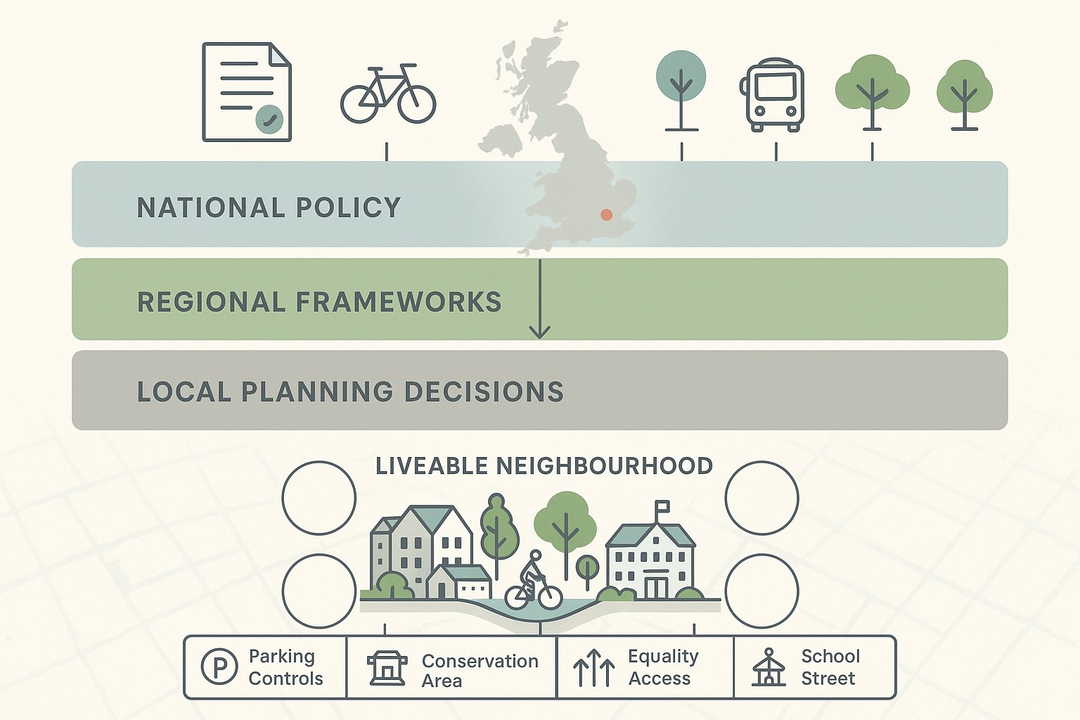 UK planning policy tiers supporting liveable neighbourhoods and local scheme decisions.