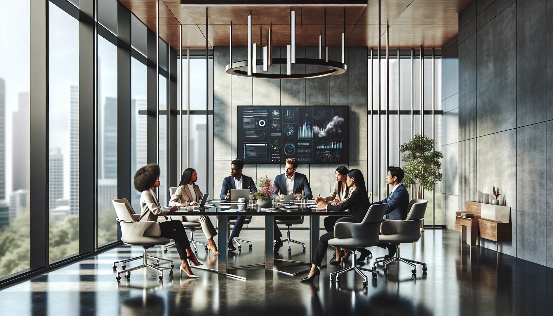 diverse team collaborating in a modern office on future technology trends.