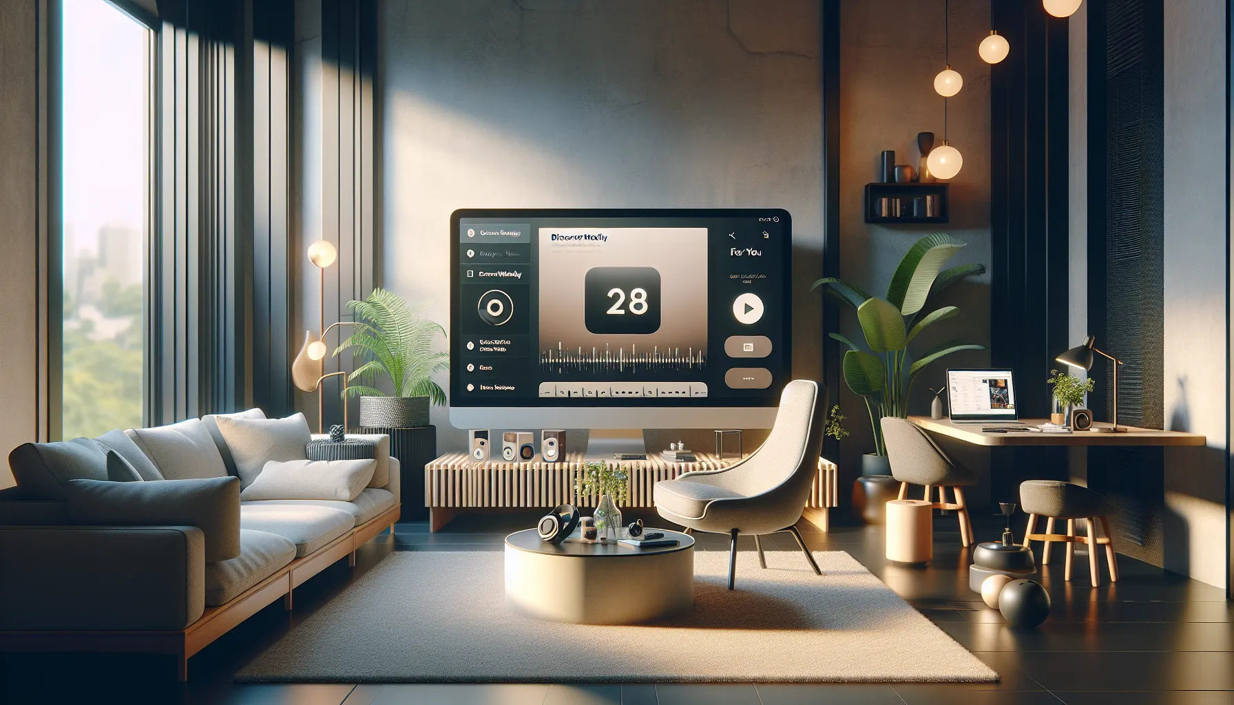 A modern room with Spotify and Apple Music interfaces displayed on devices.