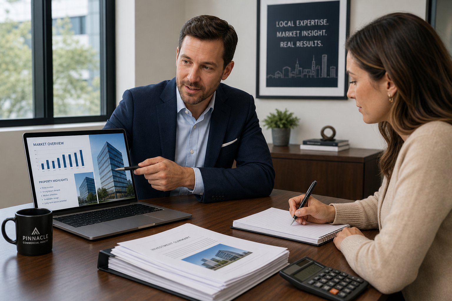Commercial mortgage consultation in a meeting room with laptop, paperwork, and a client taking notes.