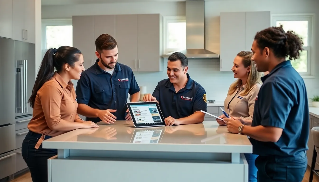 diverse team of technicians discussing home service solutions.