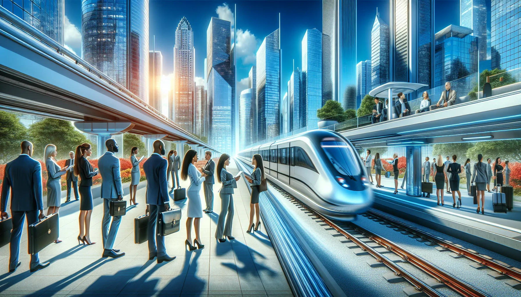 futuristic train station with diverse commuters in an urban setting.