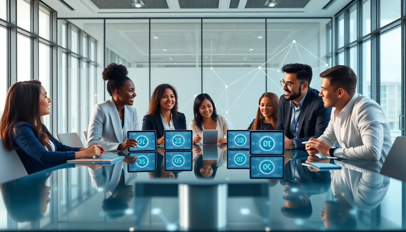 professionals discussing the Bitclassic blockchain in a modern office.