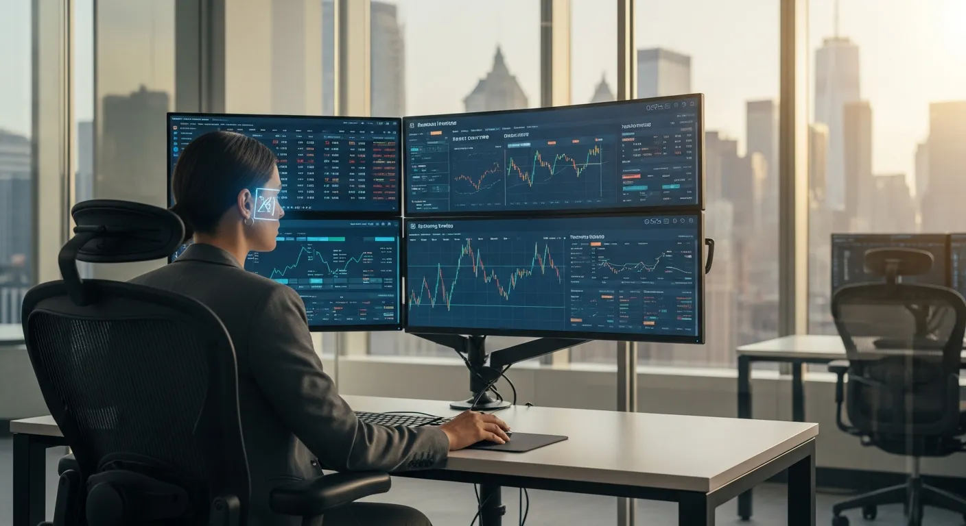 Best Crypto Exchanges 2026: Guide for Serious Traders 1 A professional analyst monitoring advanced crypto trading charts in a modern corporate skyscraper office.