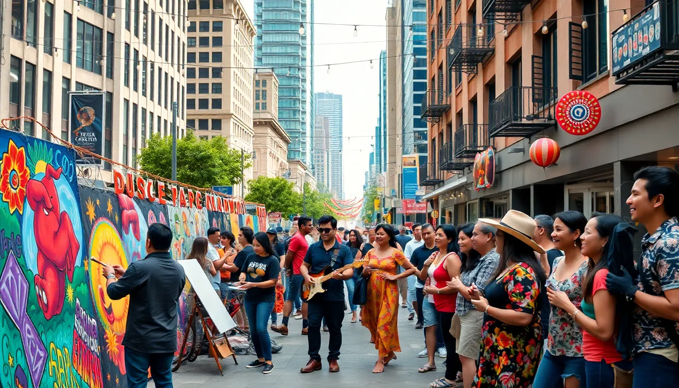diverse group celebrating Dochidochico at a vibrant street festival.