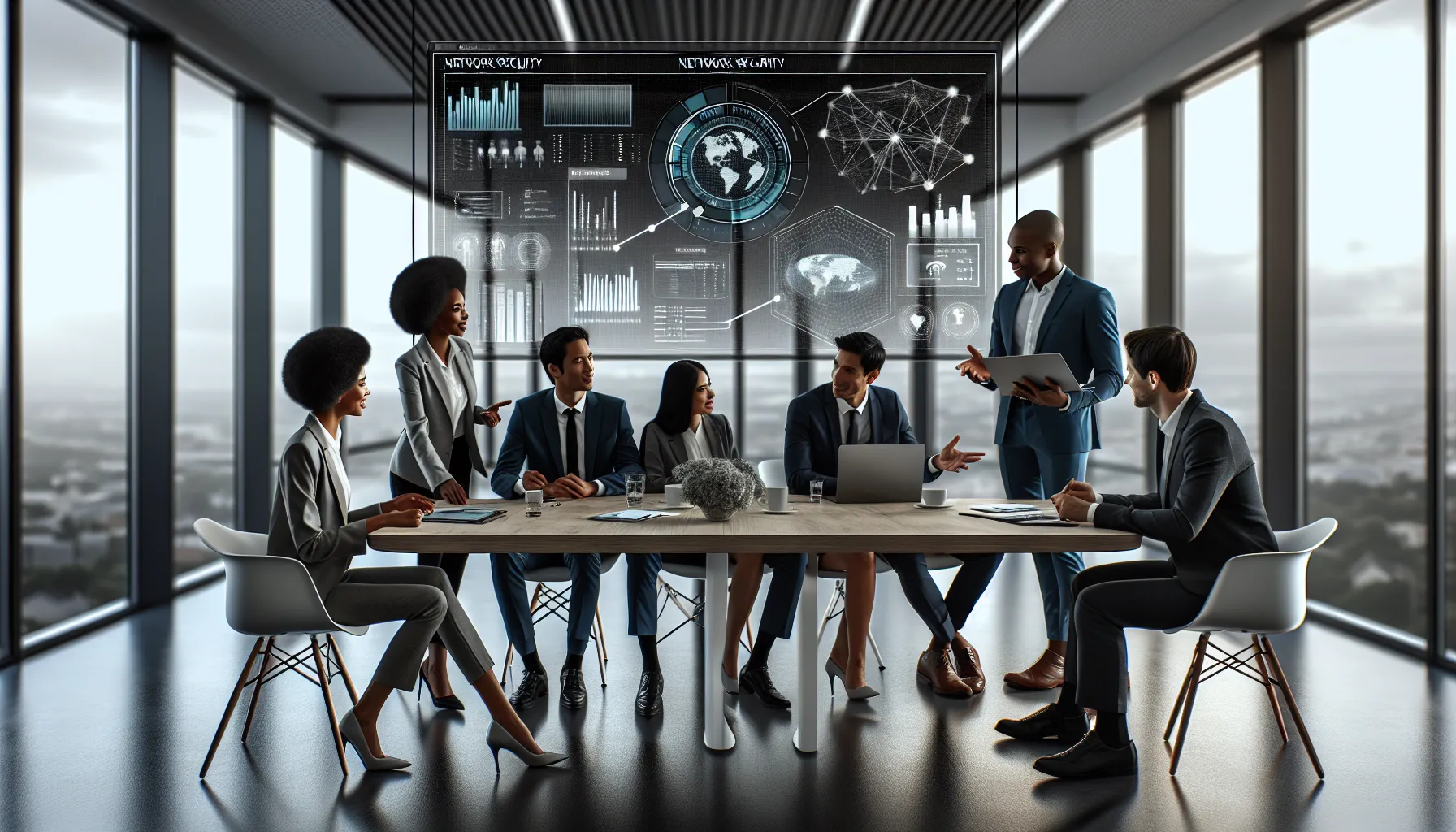 diverse IT team discussing network security solutions in a modern office.