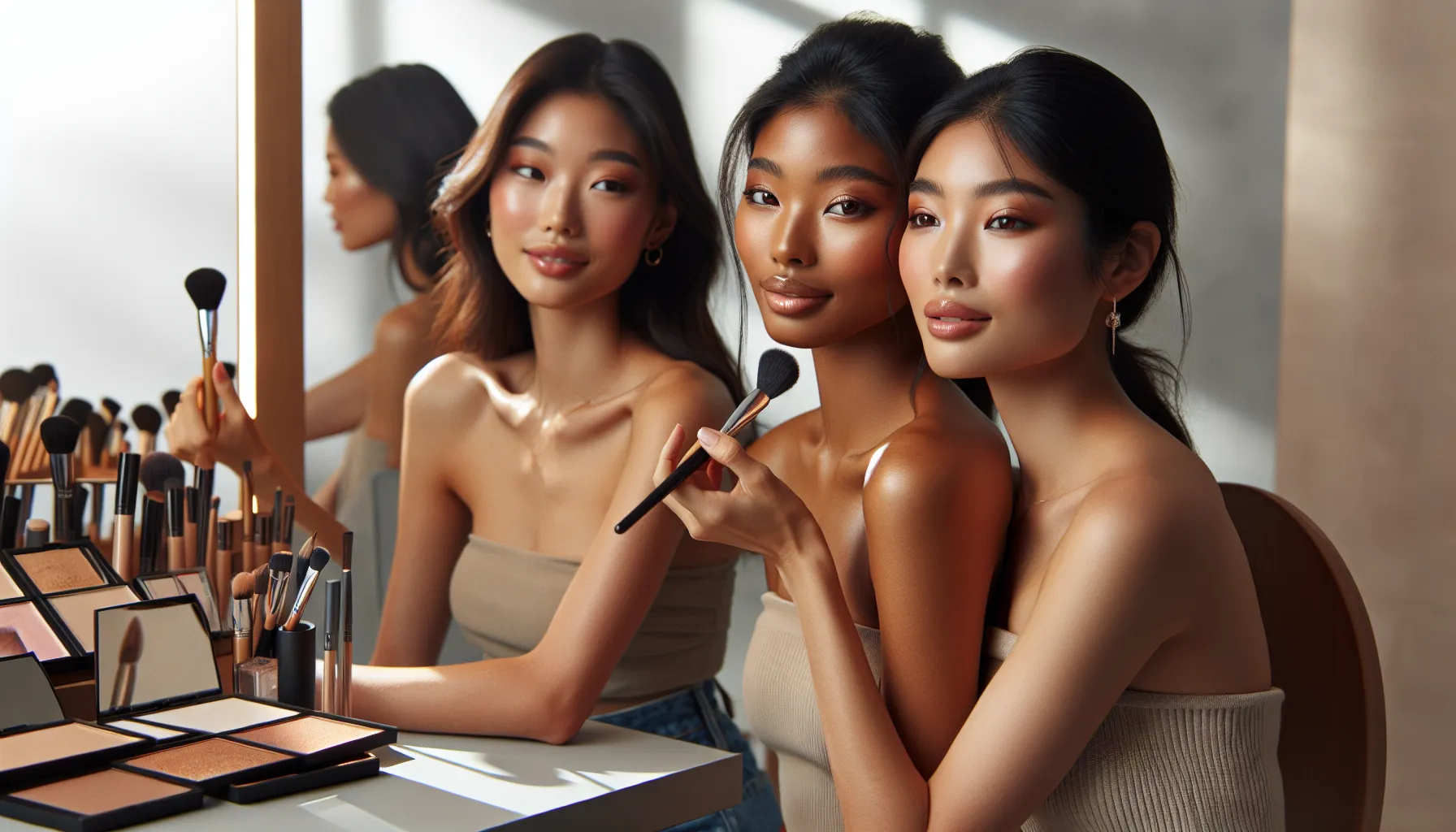 diverse group applying Korean beauty makeup techniques in a modern studio.