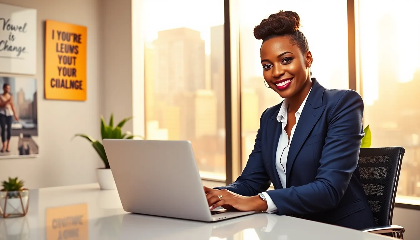 A confident woman in a modern office, representing empowerment and positive change.