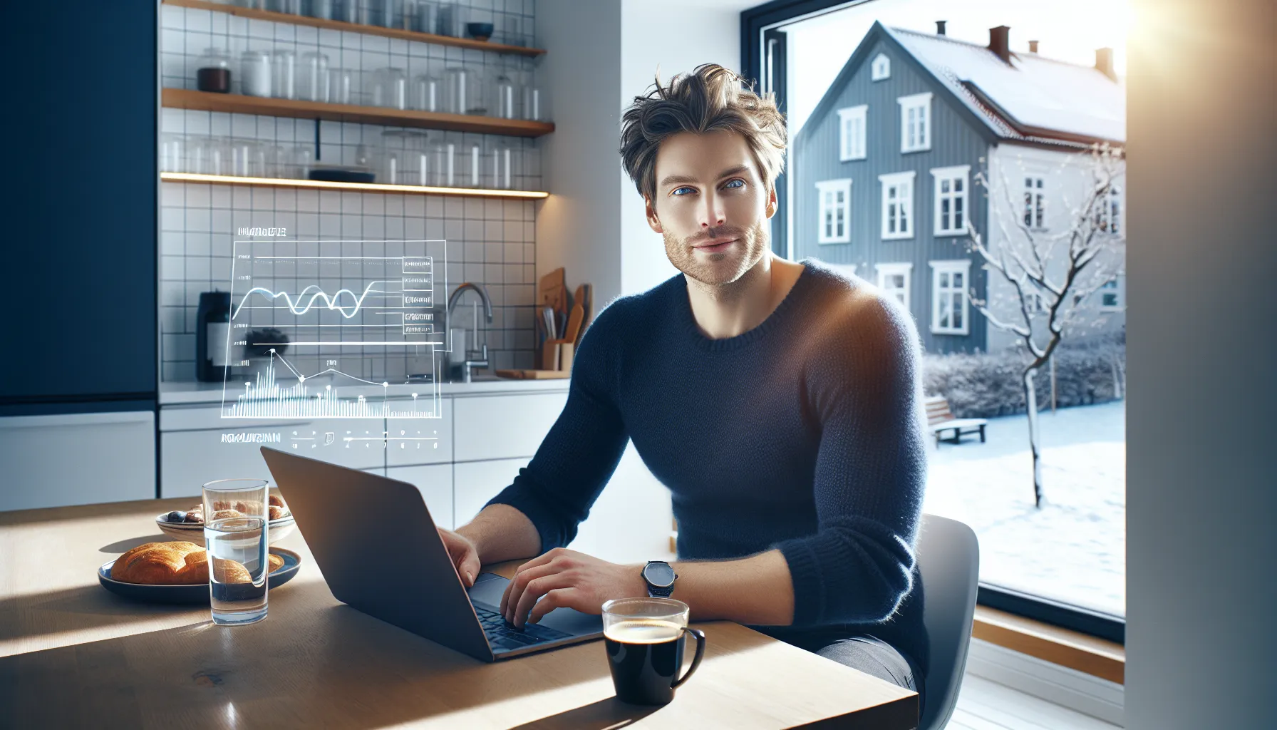 Focused norwegian man fasting at home, feeling energized and mentally sharp.