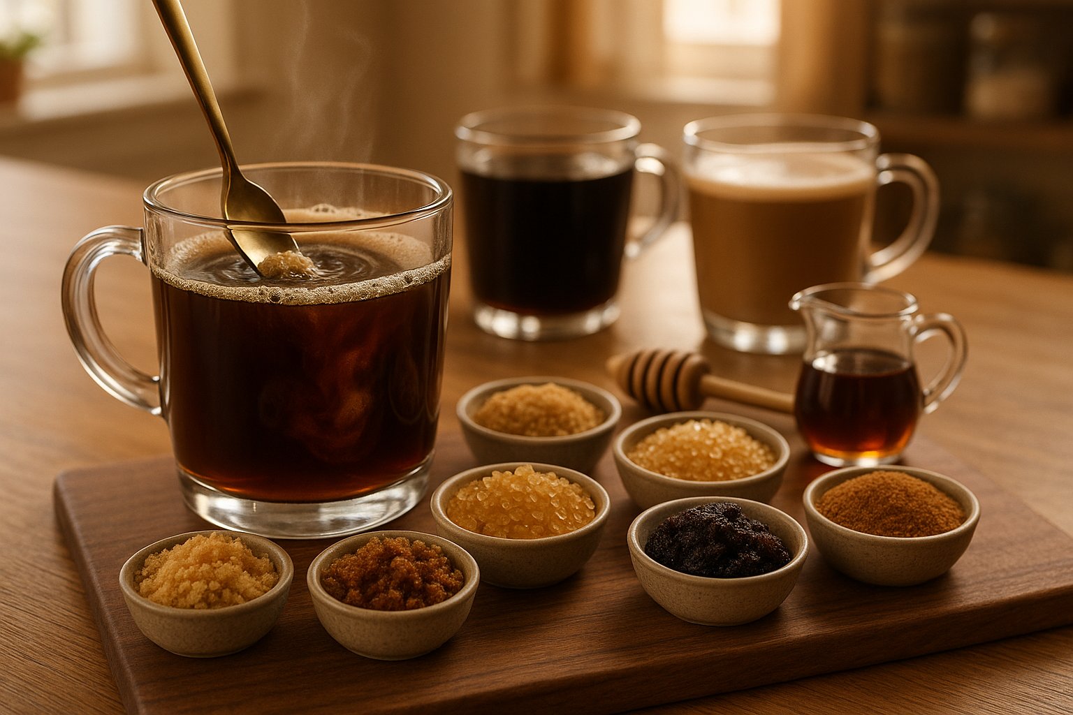 Coffee tasting flight with light and dark brown sugar and other sweeteners.