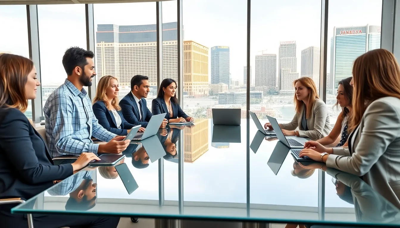 diverse team discussing in a modern office with Las Vegas views.