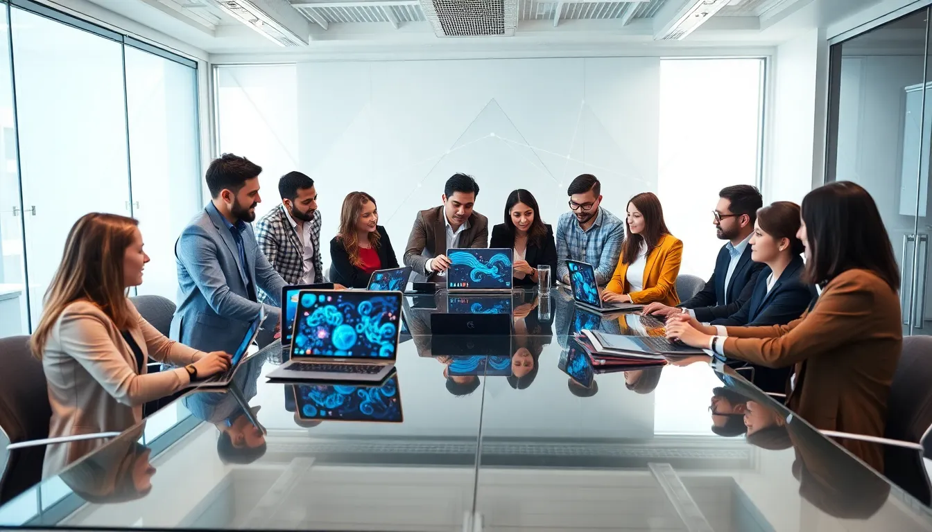 diverse professionals discussing technology and art in a modern office.