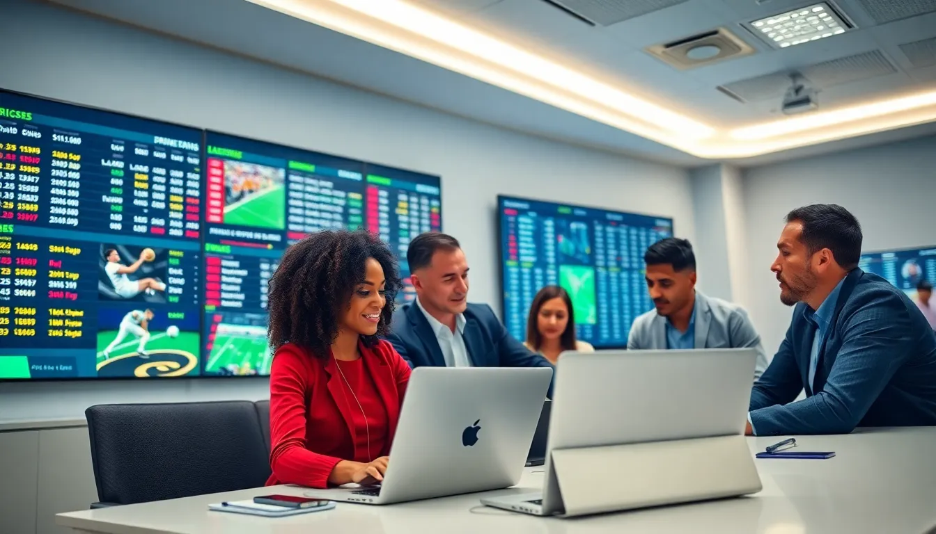 diverse team collaborating in a modern sportsbook environment.