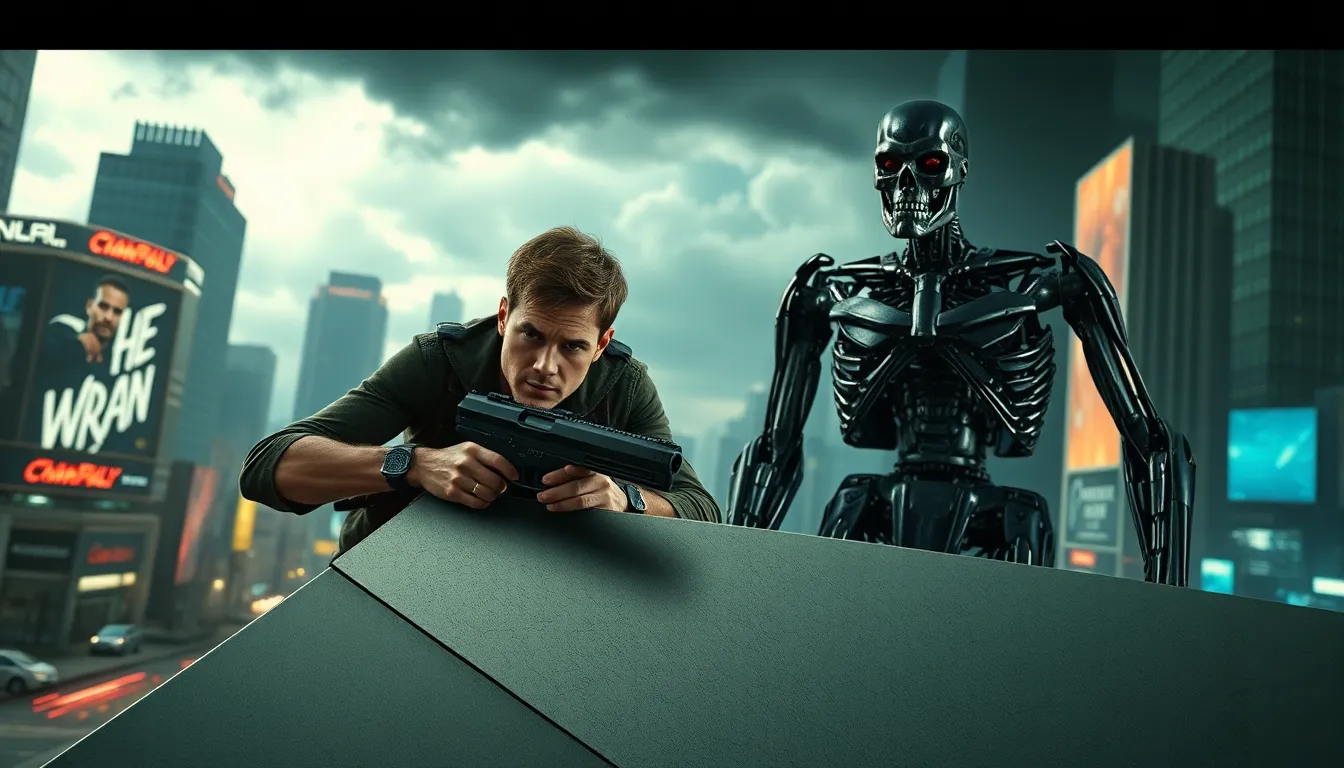 John Connor and an older Terminator in a tense urban scene.