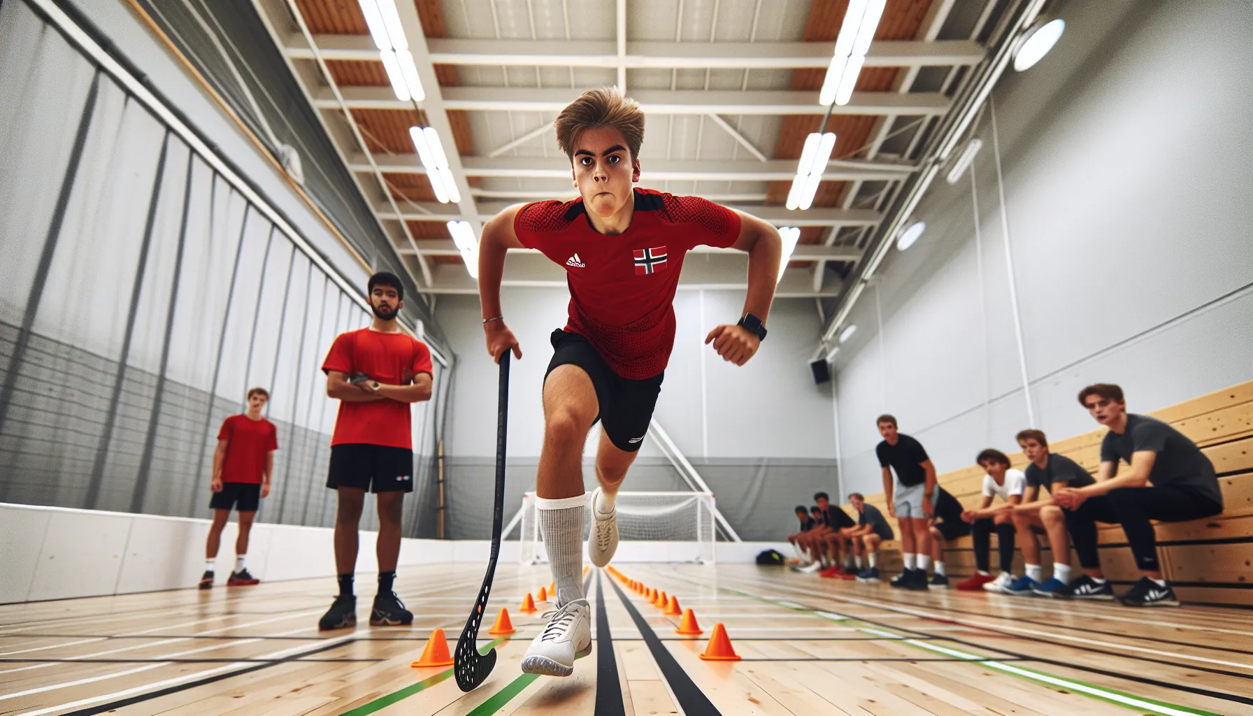 Young norwegian floorball player sprinting through cones in an indoor sports hall.