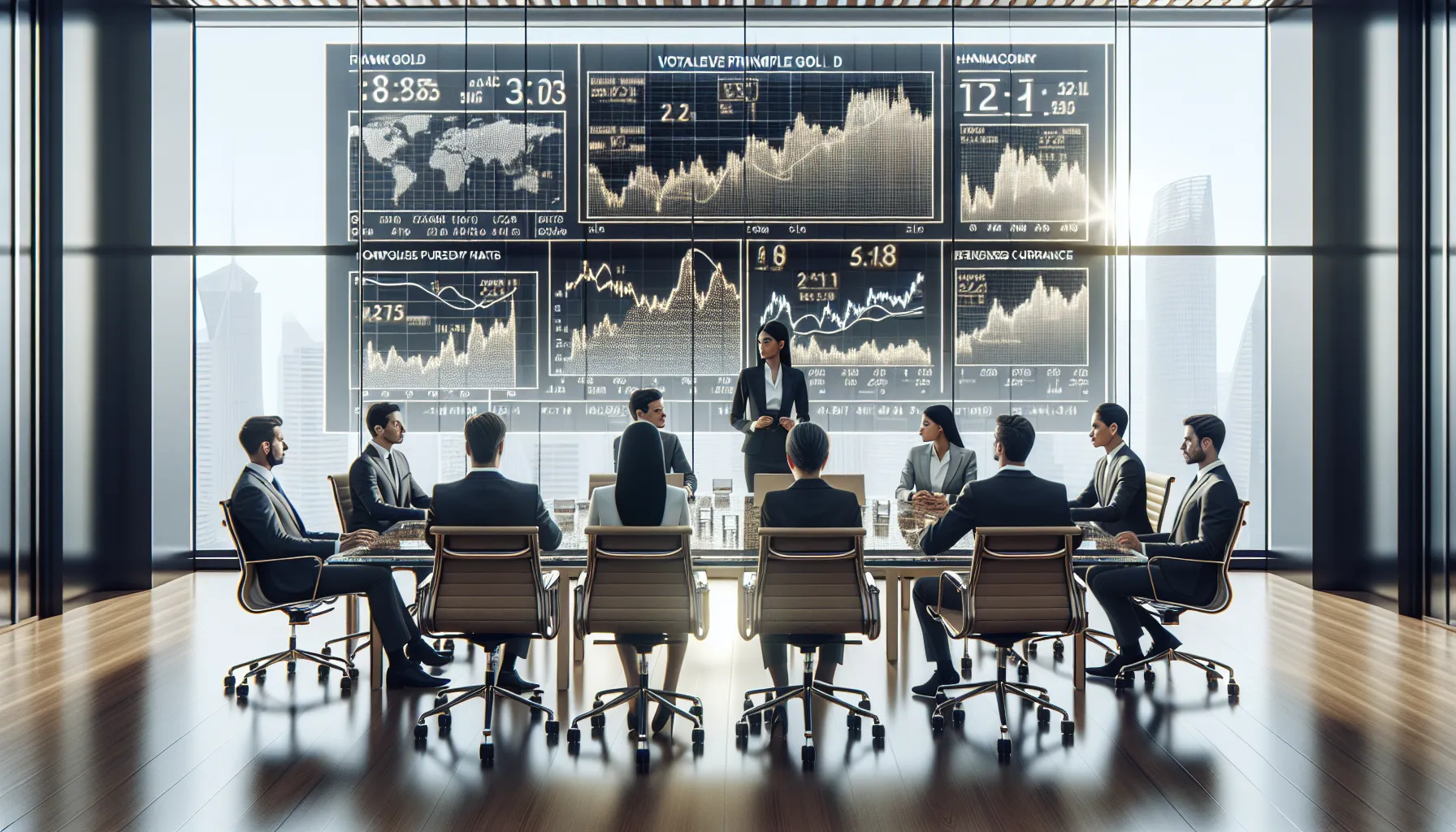 diverse financial analysts discussing currency and gold prices in a modern office.